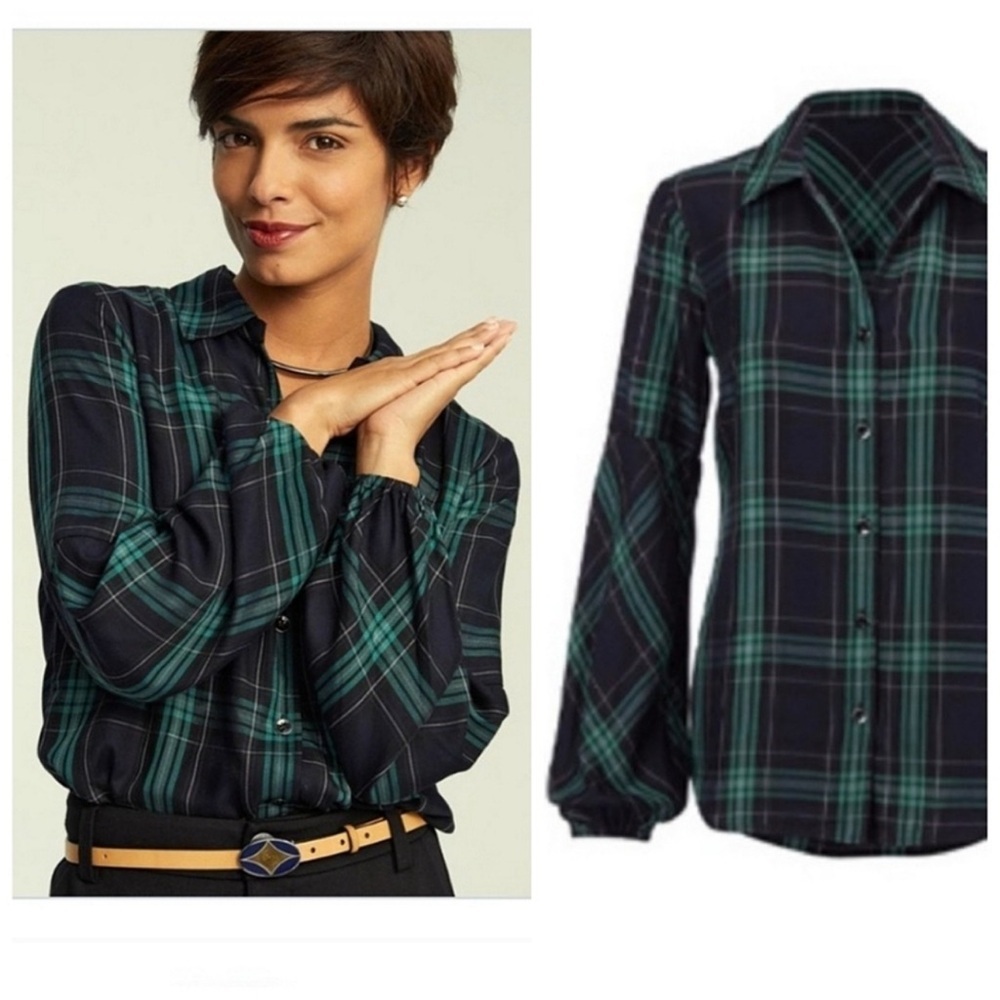 Cabi Big Sur Plaid Shirt Green Navy Blue Size Small - Picture 3 of 11